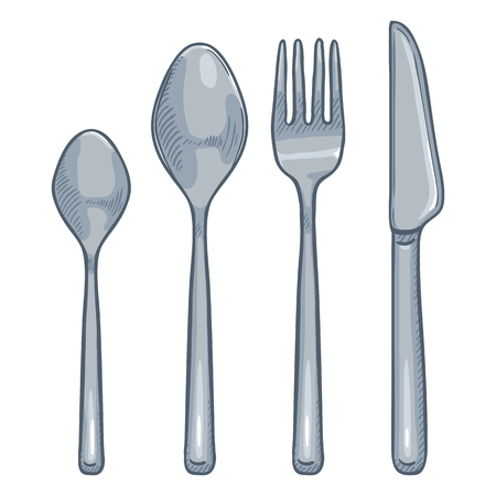 Vector Cartoon Set of Steel Cutlery. Knife, Fork, Spoon, Tea-spoonのイラスト素材