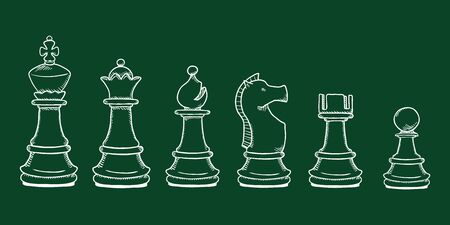 Vector Set of Chalk Sketch Chess Pieces. Full Chess Figures Collection.のイラスト素材