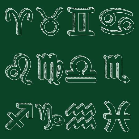 Vector Chalk Sketch Set of 12 Zodiac Signsのイラスト素材