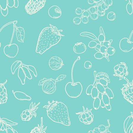 Vector Seamless Pattern of Berries on Turquoise Backgroundのイラスト素材