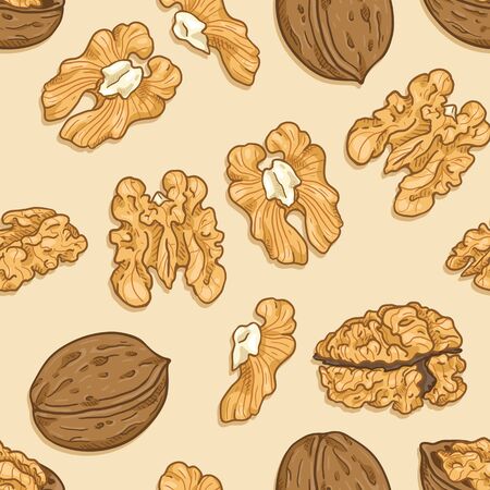 Vector Seamless Pattern of Cartoon Walnuts on Light Brown Background