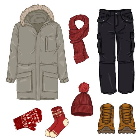 Vector Cartoon Set of Winter Men Clothes.のイラスト素材