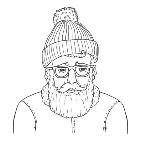 Hipster Character in Woolen Hat, Eyeglasses and Winter Jacket. Vector Outline Illustrationのイラスト素材