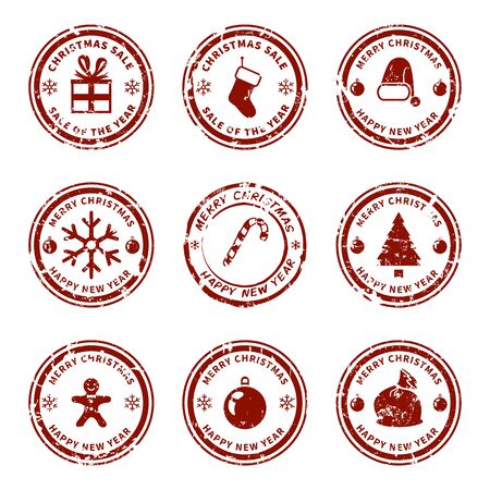 Vector Set of Red Christmas Seal Stamps on Isolated White Backgroundのイラスト素材