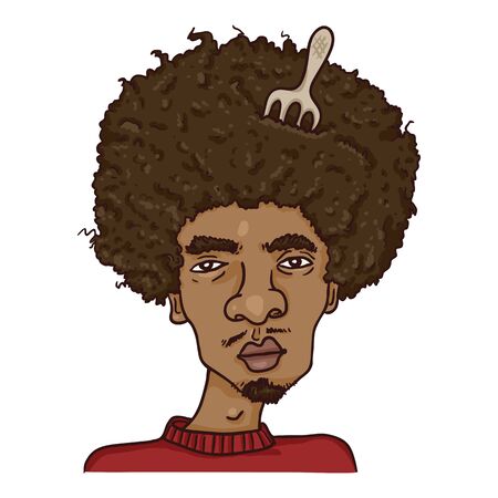 Vector Cartoon Avatar - African American Man with Afro Hairstyle and Comb in Hair. Male Character Portrait.のイラスト素材