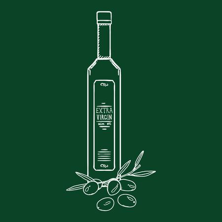 Vector Chalk Sketch Olive Oil Bottle. Hand Drawn Illustrastrationのイラスト素材