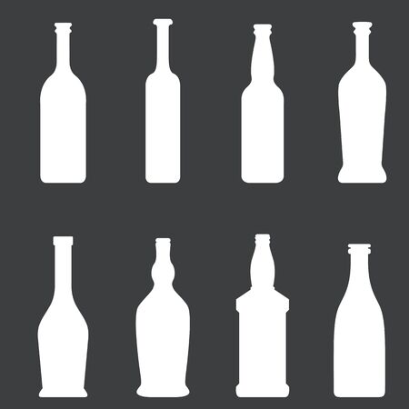 Vector Set of Glass Bottle White Silhouettes on Dark Backgroundのイラスト素材