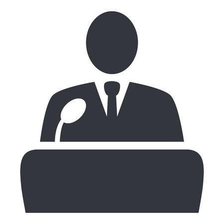 Vector Black Politician Icon - Man in Suit in front of Microphone. Debate Symbol.のイラスト素材