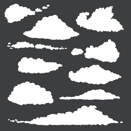 Vector Set of White Cloud Silhouettes on Black Backgroundのイラスト素材