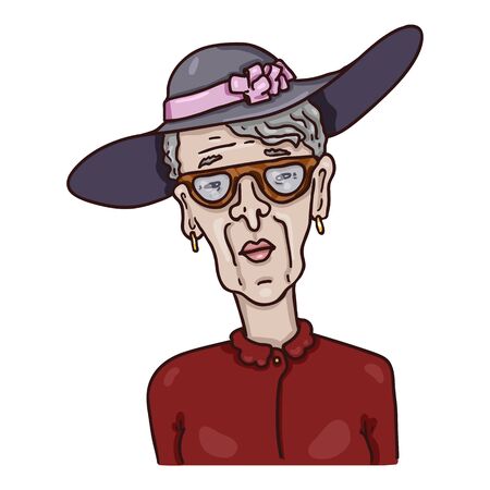 Vector Cartoon Character - Old Woman in Hat. Female Retired Person Portrait.のイラスト素材