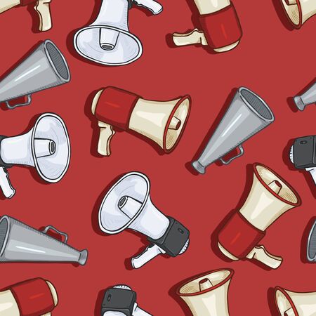 Vector Seamless Pattern of Cartoon Loudspeakers on Red Backroundのイラスト素材