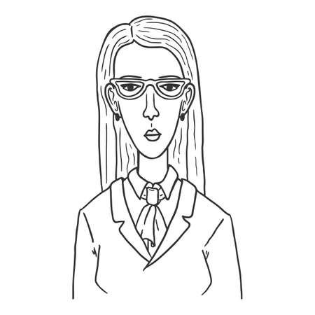 Vector Outline Character - Woman in Suit and Eyeglasses. Female Portrait.のイラスト素材