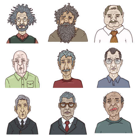 Vector Set of Cartoon Characters - Old Men. Retired People Faces.のイラスト素材