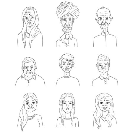 Vector Set of Hand Drawn Outline Faces of People from Indiaのイラスト素材