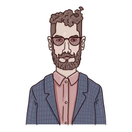 Vector Cartoon Character. Hipster in Eyeglasses with Beard and Mustacheのイラスト素材