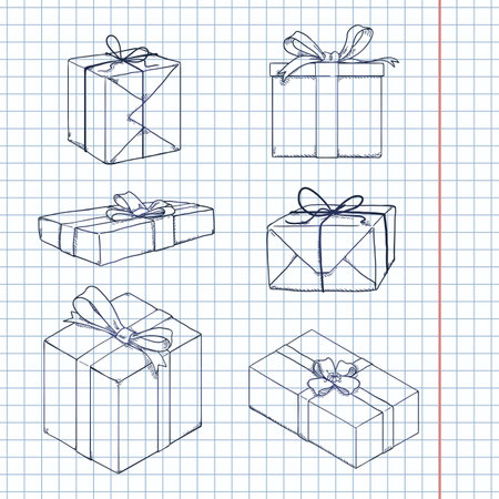 Vector Set of Sketch Gift Boxes with Ribbons and Bows. Holiday Packaging.のイラスト素材