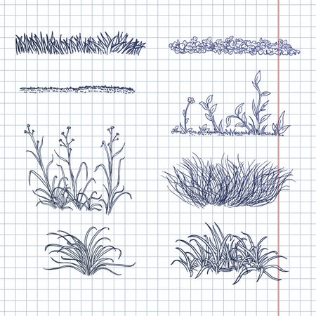 Vector Set of Blue Sketch Grass on Checkered Paperのイラスト素材