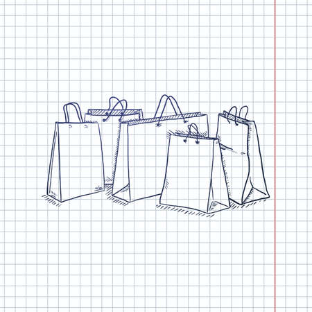 Vector Sketch Set of Shopping Bags in a Rowのイラスト素材