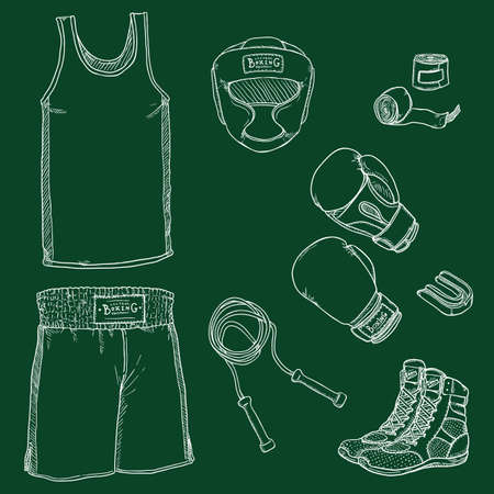 Vector Set of Chalk Sketch Boxing Equipmentのイラスト素材