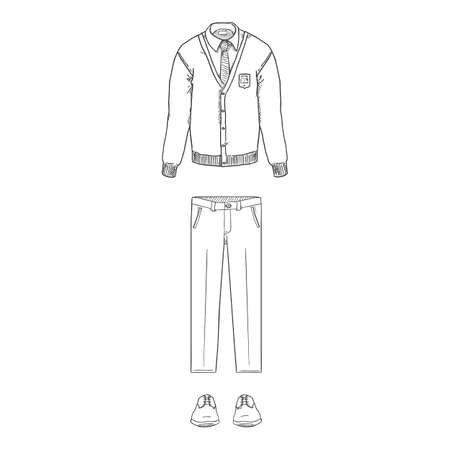 Vector Sketch Set of School Uniform Clothes. Cardigan, Trousers and Shoes.のイラスト素材