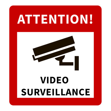 CCTV Warning Red Sign with Security Camera Icon and Text - Attention, Video Surveillance.のイラスト素材