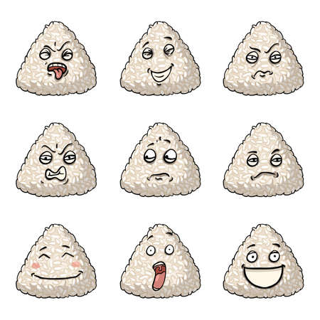 Vector Set of Onigiri Cartoon Characters. Rice Ball Emoticons.のイラスト素材