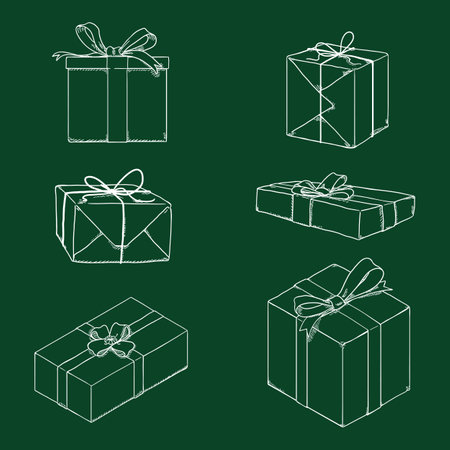 Vector Set of Chalk Sketch Gift Boxes with Ribbons and Bows.のイラスト素材