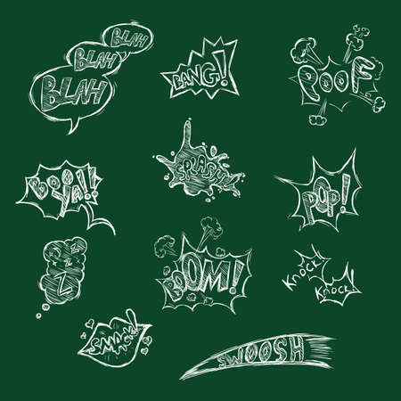 Vector Set of Chalk Sketch Comics Phrases and Effectsのイラスト素材