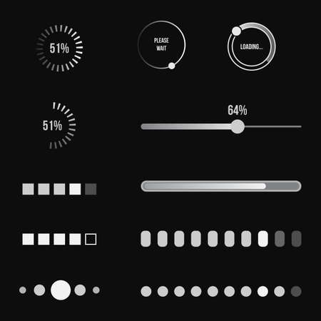 Vector Set of White Loading Icons on Black Background. Load Bars and Circles.のイラスト素材