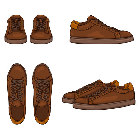 Set of Brown Dress Sneakers Vector Cartoon Illustrtations. Different Views.のイラスト素材