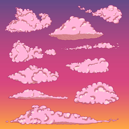 Vector Set of Cartoon Clouds on Sunset Sky Backgroundのイラスト素材