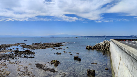 View to Fuji Mountain from Embankment. Daytime View.の写真素材