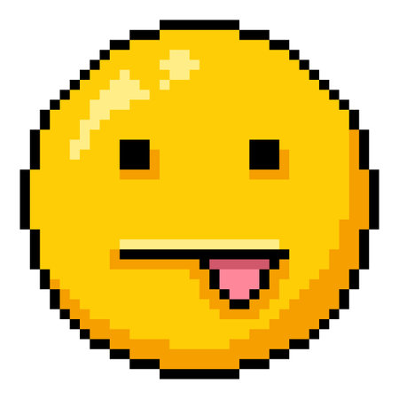 Vector Single Yellow Pixel Art Tongue Out Emoticon on White Backgroundのイラスト素材