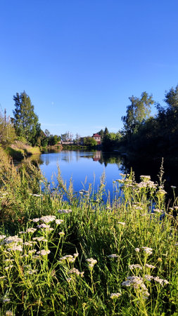 Moon in the sky above house with pond and grass on foregroundの写真素材
