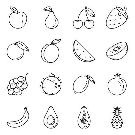 Vector Set of Black Line Fruit Iconsのイラスト素材