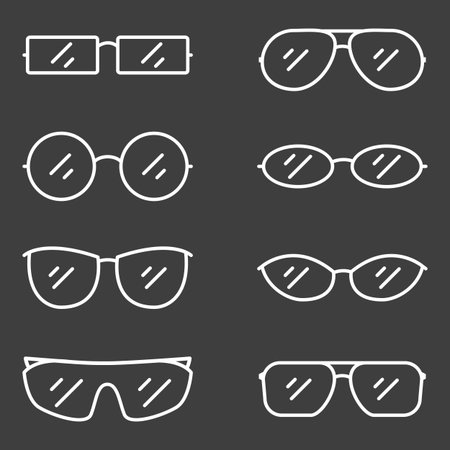 Vector Set of White Outline Eyeglasses Icons. Sunglasses Rim Types.のイラスト素材