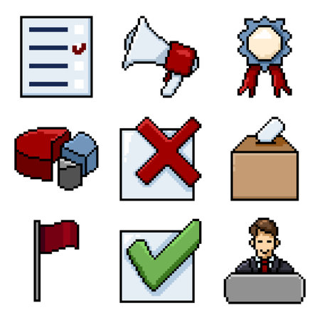 Vector Set of Pixel Art Elections Icons. Politics Vote Pictograms.のイラスト素材