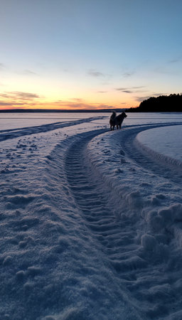 Dog standing at the snowfield near the woodland. Sunset time photoの写真素材