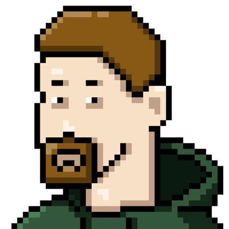 Vector Pixel Art Portrait of Man with brown Hair and Beard in Green Hoodie