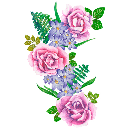 Watercolor painted excellent combination of Flowers and Leaves, isolated on white backgroundの写真素材