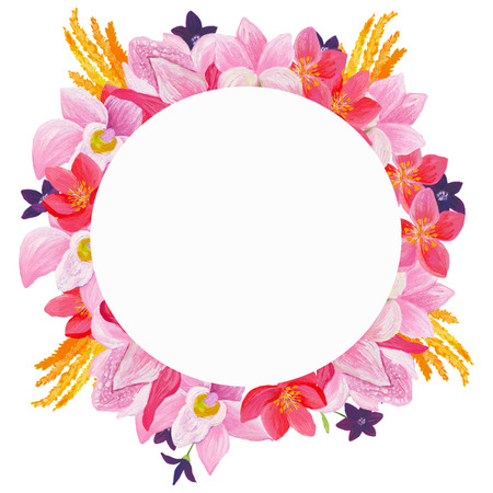 Watercolor floral greeting card. Watercolor floral bouquet. Floral decorative frame. Isolated on white background.の写真素材