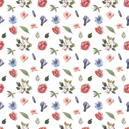 Watercolor pattern of flowers and leaves seamless design on white backgroundの写真素材