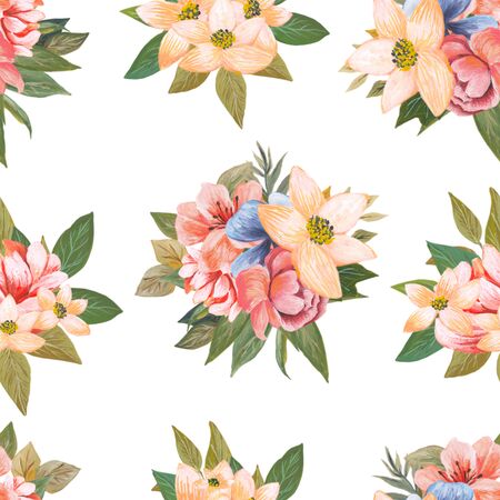 Watercolor pattern of flowers and leaves seamless design on white backgroundの写真素材