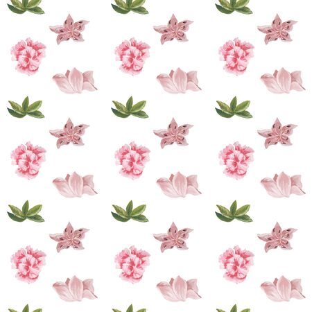 Watercolor pattern of flowers and leaves seamless design on white backgroundの写真素材