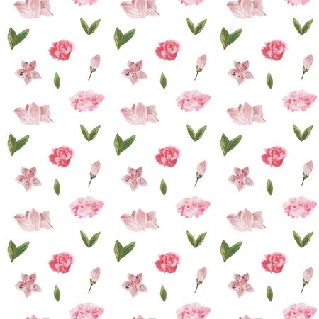 Watercolor pattern of flowers and leaves seamless design on white backgroundの写真素材