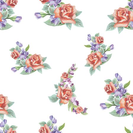 Watercolor pattern of flowers and leaves seamless design on white backgroundの写真素材