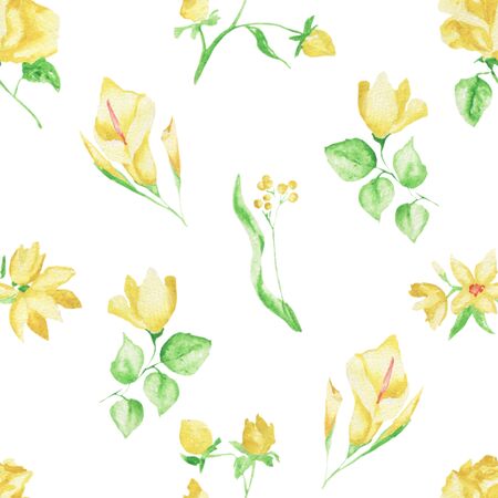 Watercolor pattern of flowers and leaves seamless design on white backgroundの写真素材