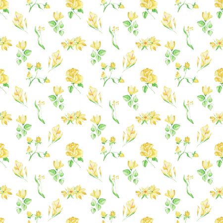 Watercolor pattern of flowers and leaves seamless design on white backgroundの写真素材