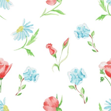 Watercolor pattern of flowers and leaves seamless design on white backgroundの写真素材