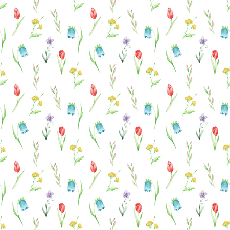 Watercolor pattern of flowers and leaves seamless design on white backgroundの写真素材
